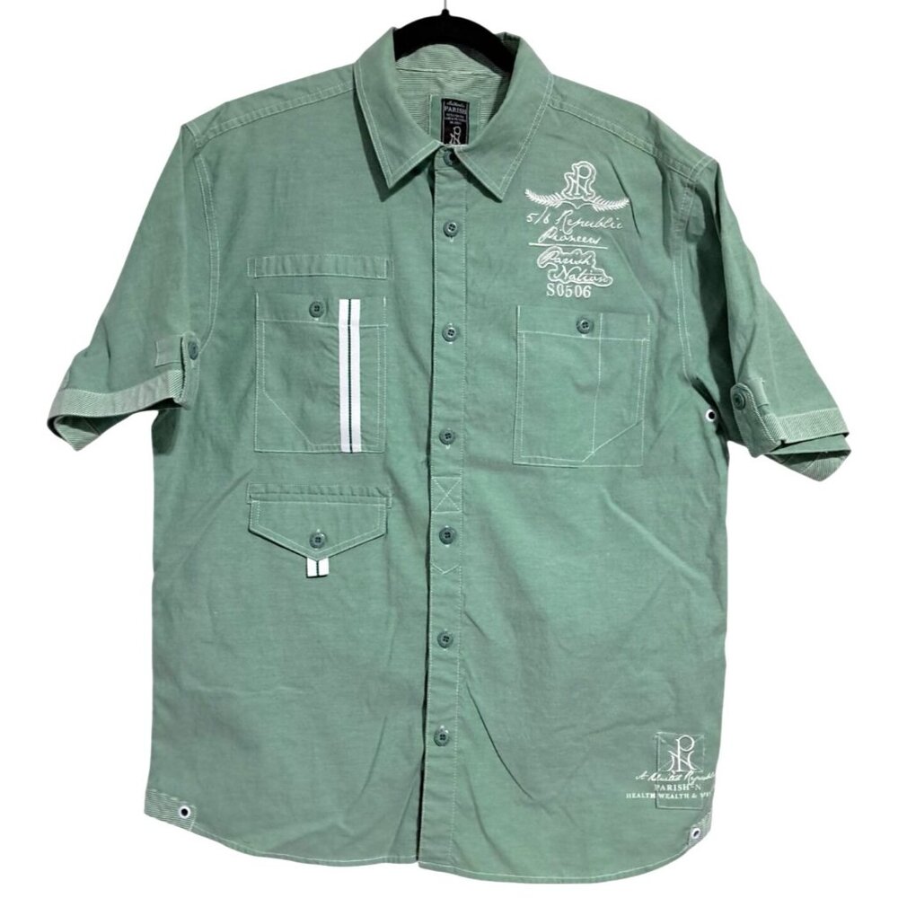 Authentic Parish Nation Mens Green Short-Sleeve Button-Up Shirt L Embroidered Lo
